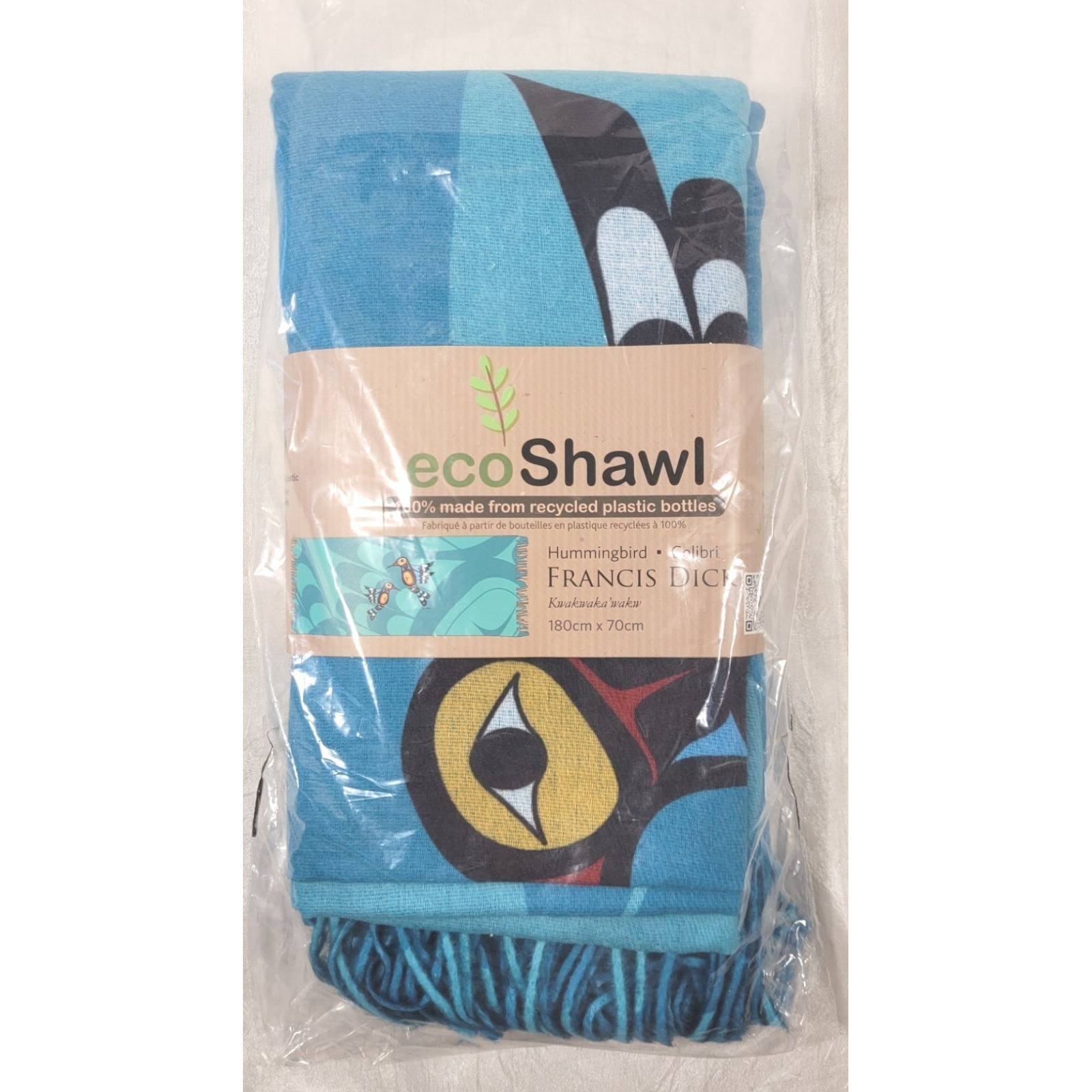 Oscardo Native Artist Francis Dick Hummingbird Eco Shawl Scarf - Blue 27" X 70"